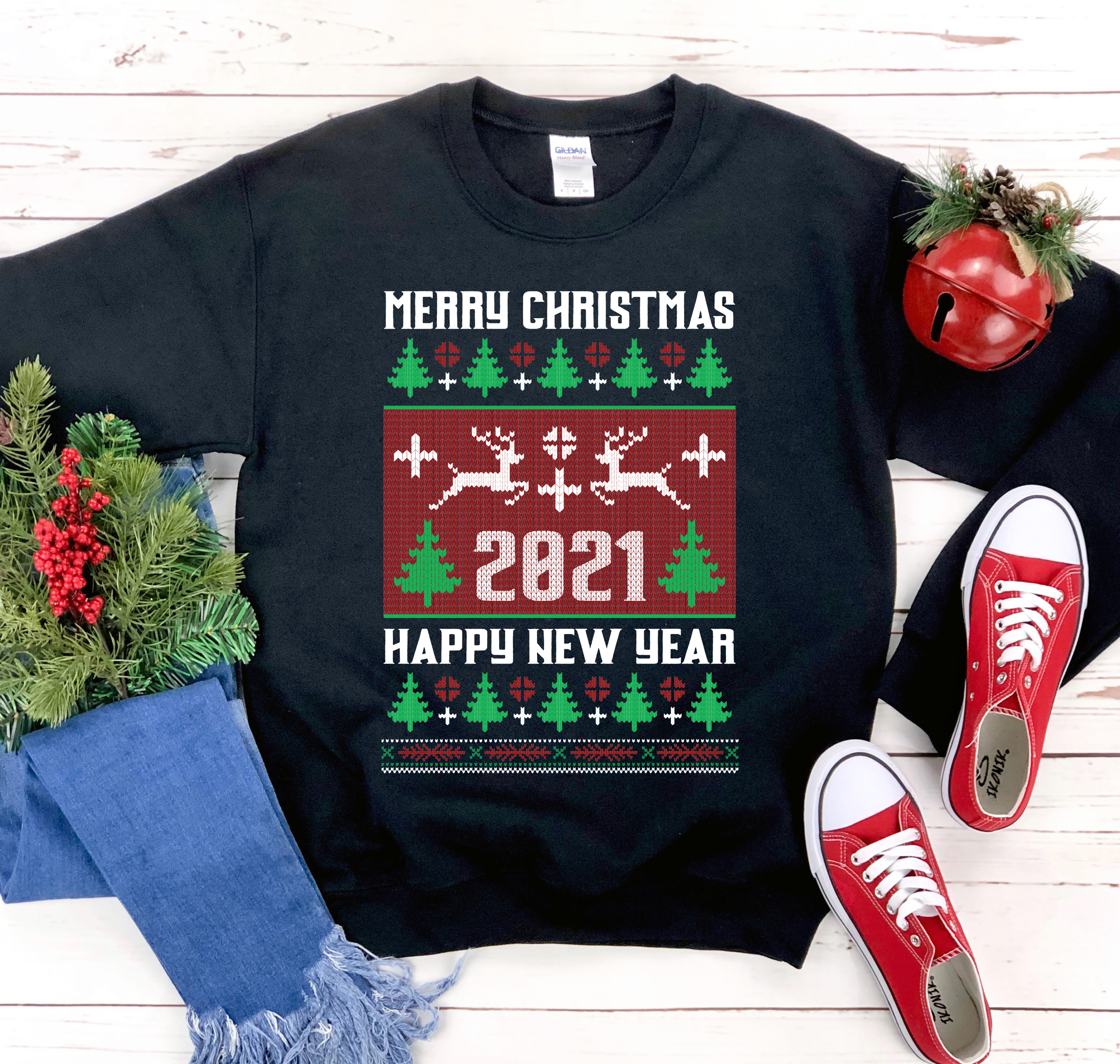 A cozy Merry Christmas Sweatshirt featuring a classic crew neck design, made from soft cotton-polyester blend fabric, perfect for holiday celebrations.