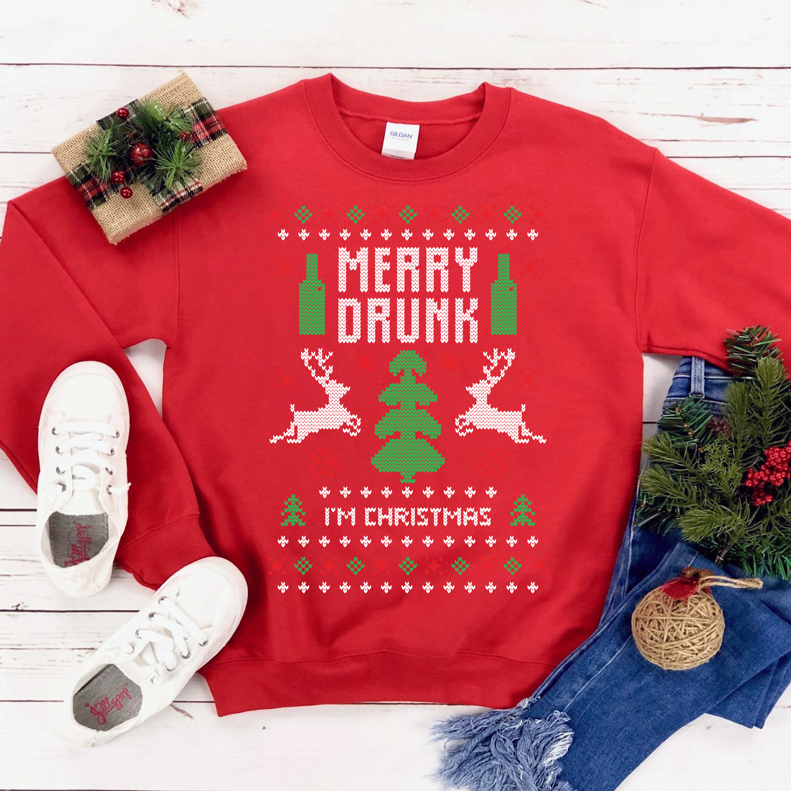 Merry Drunk I'm Christmas Sweatshirt featuring a crew neck and festive design, perfect for holiday celebrations.