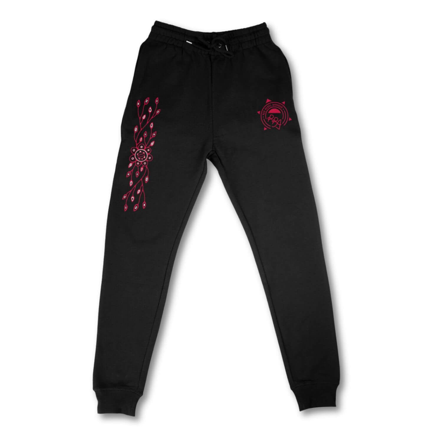 Mikanaak Floral Joggers featuring a woodland floral print designed by Anishinaabe artist Mishiikenhkwe, showcasing vibrant colors and a turtle symbol.
