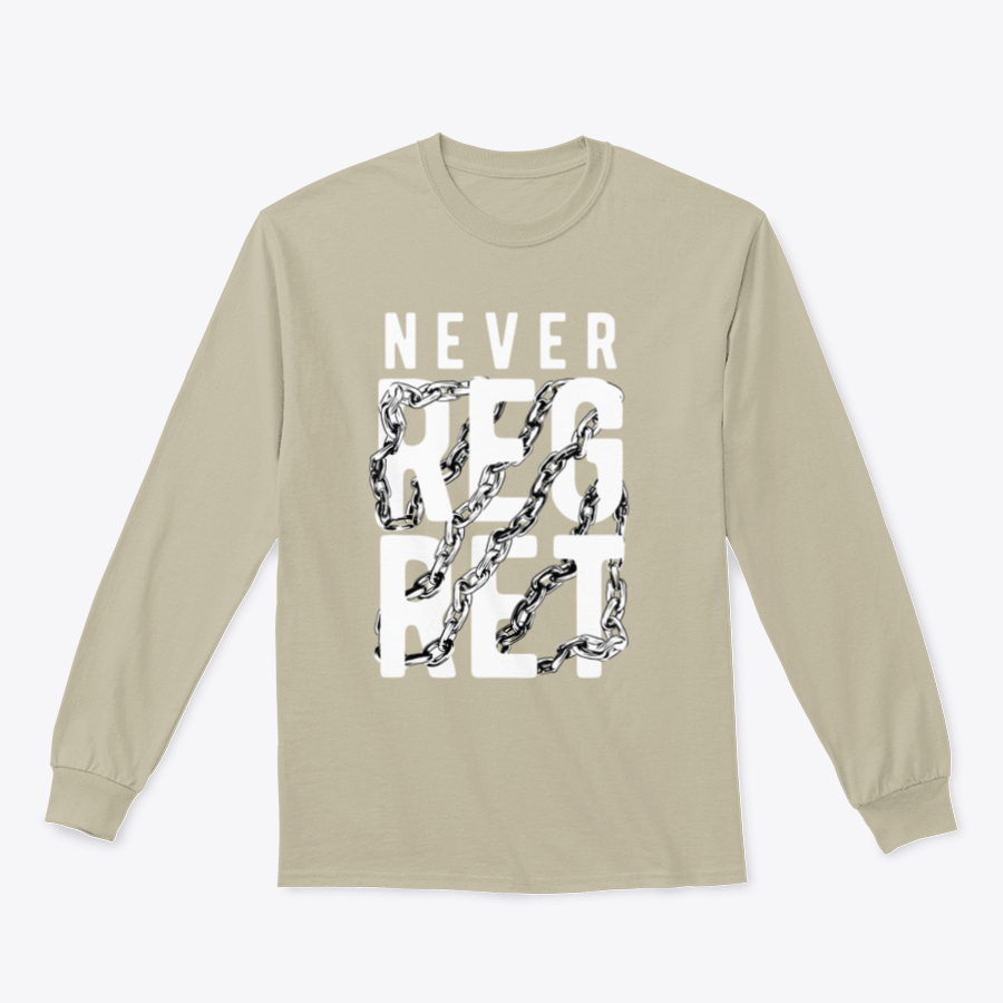 A stylish t-shirt featuring the slogan 'Never Regret' wrapped around by a chain design, made from soft cotton fabric.