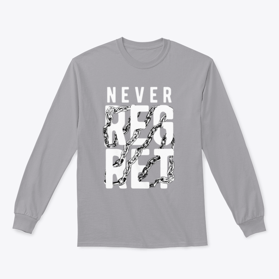 A stylish t-shirt featuring the slogan 'Never Regret' wrapped around by a chain design, made from soft cotton fabric.