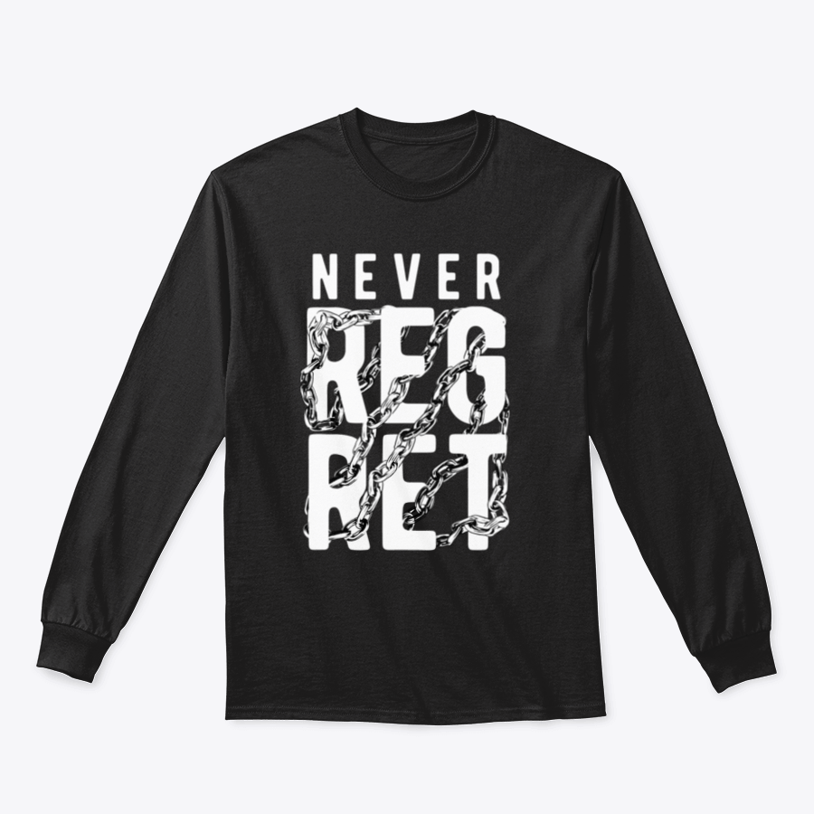 A stylish t-shirt featuring the slogan 'Never Regret' wrapped around by a chain design, made from soft cotton fabric.