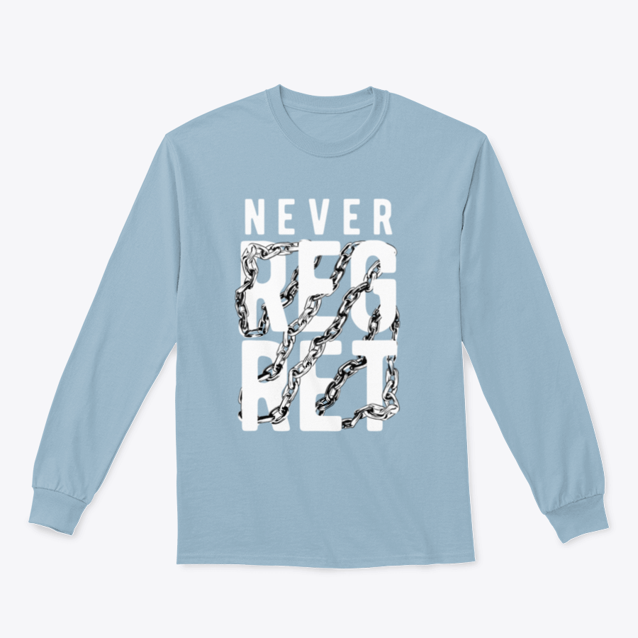 A stylish t-shirt featuring the slogan 'Never Regret' wrapped around by a chain design, made from soft cotton fabric.
