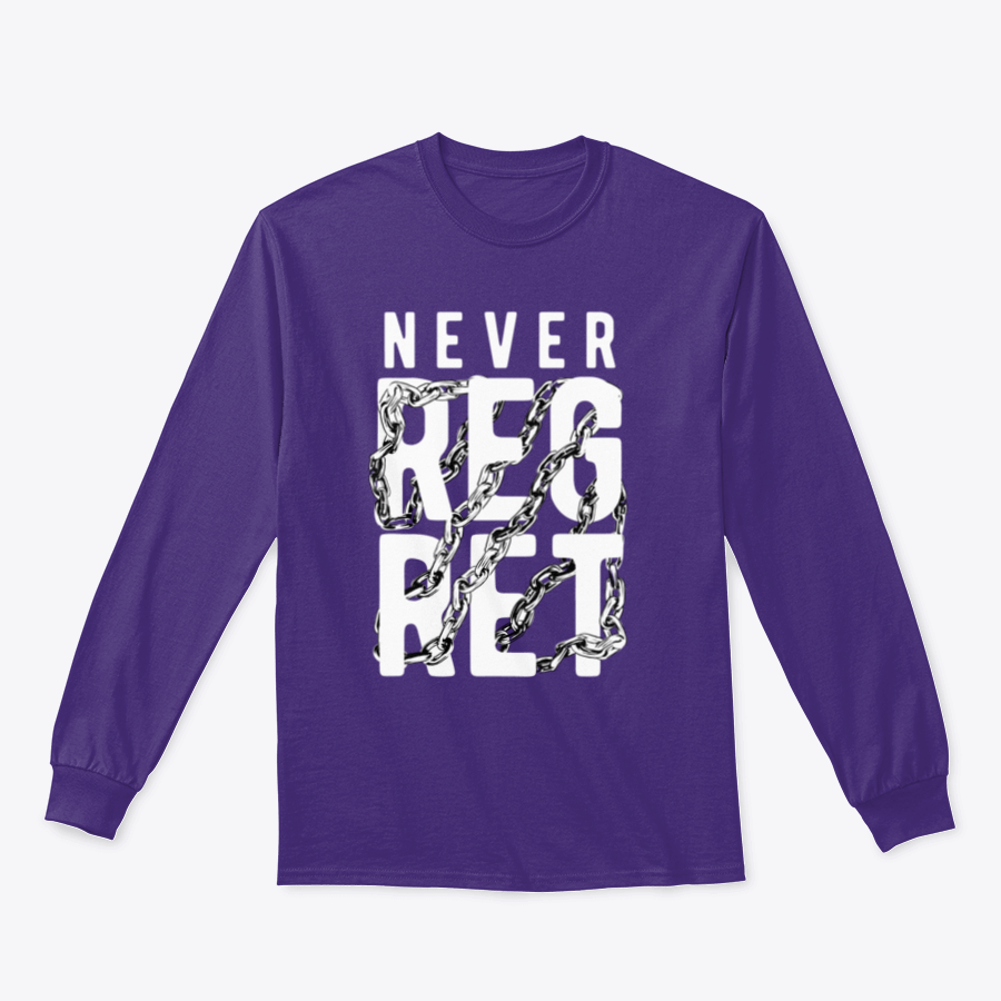 A stylish t-shirt featuring the slogan 'Never Regret' wrapped around by a chain design, made from soft cotton fabric.