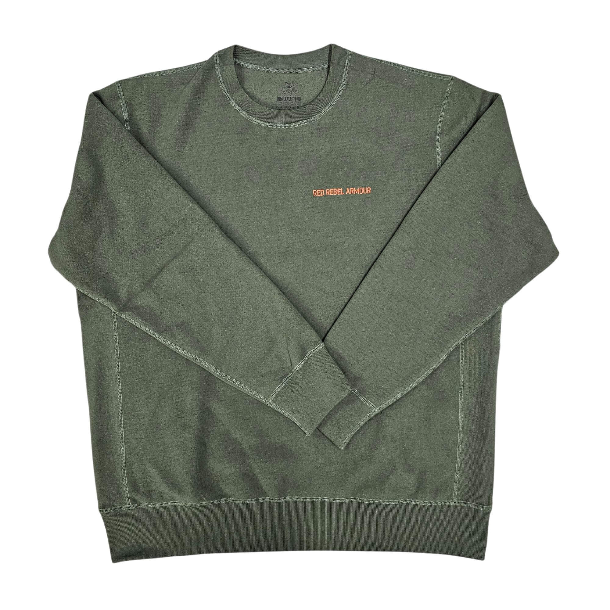 Oka Green Classic Crewneck featuring a neon orange logo on plush forest green fabric, showcasing its modern design and quality craftsmanship.
