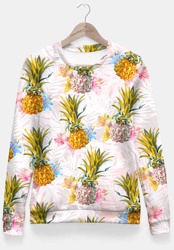 A stylish Pineapple Love Fitted Waist Sweater for women featuring a vibrant custom print, showcasing its unique design and comfortable fit.