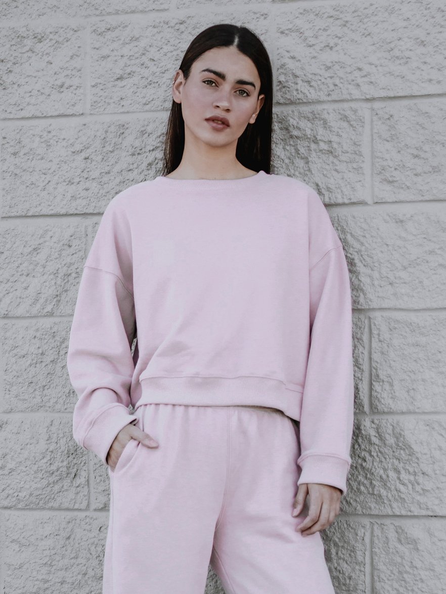 A soft pink sweatshirt with a rounded neckline and ribbed trim, showcasing a trendy boxy silhouette.