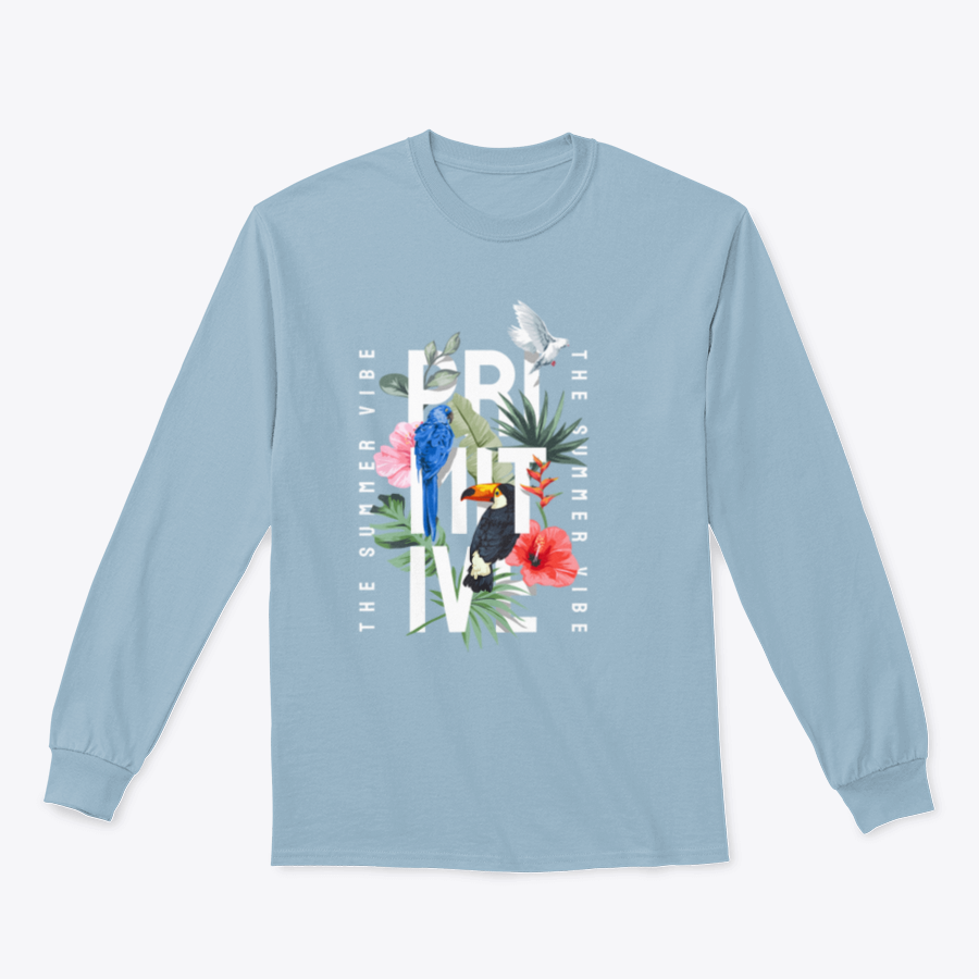 A colorful Primitive Slogan T-shirt featuring exotic flowers and birds, showcasing vibrant designs on a classic fit shirt.