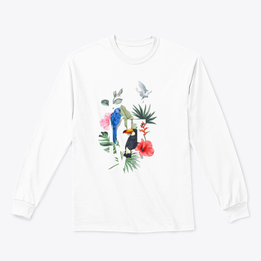 A colorful Primitive Slogan T-shirt featuring exotic flowers and birds, showcasing vibrant designs on a classic fit shirt.