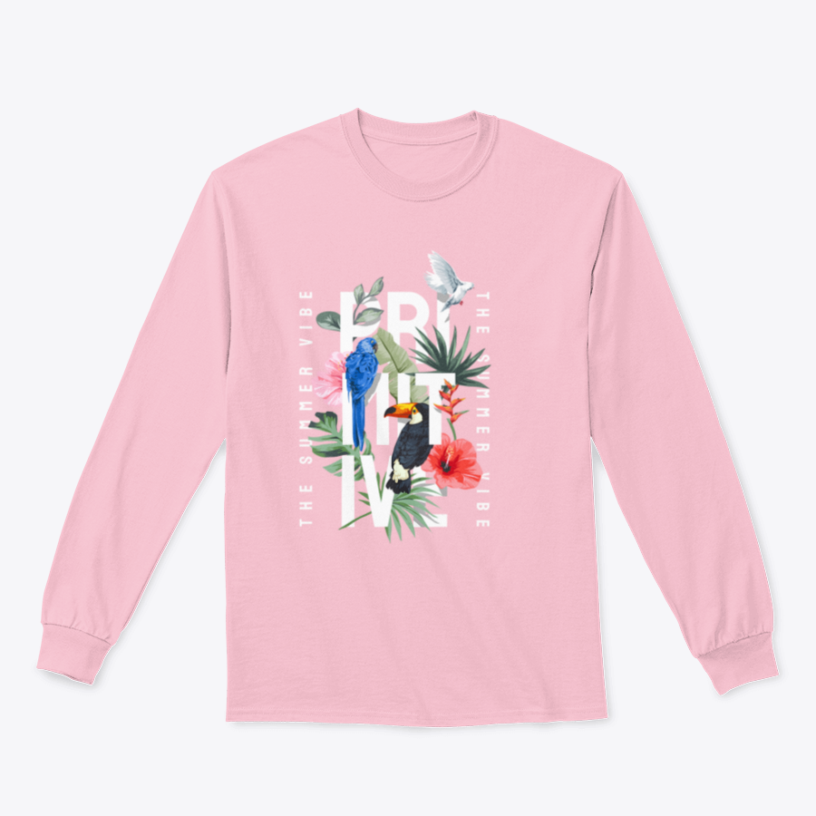 A colorful Primitive Slogan T-shirt featuring exotic flowers and birds, showcasing vibrant designs on a classic fit shirt.