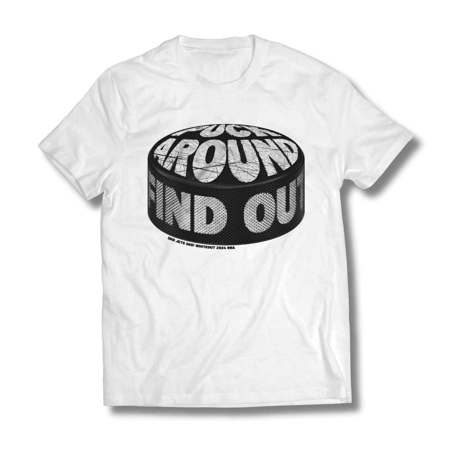 Puck Around Find Out Tee featuring Indigenous artwork, designed for comfort and cultural pride, perfect for Winnipeg Whiteout Parties.