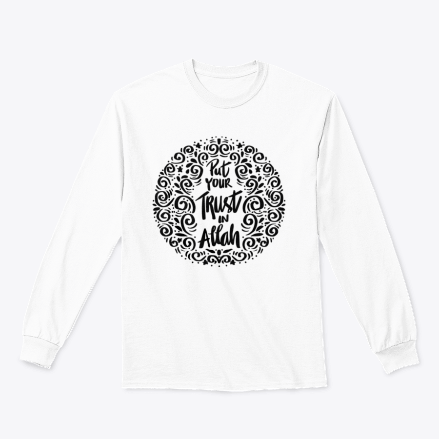 Trendy T-shirt featuring the Quran quote 'Put Your Trust In Allah', made from 100% cotton, displayed in a stylish setting.