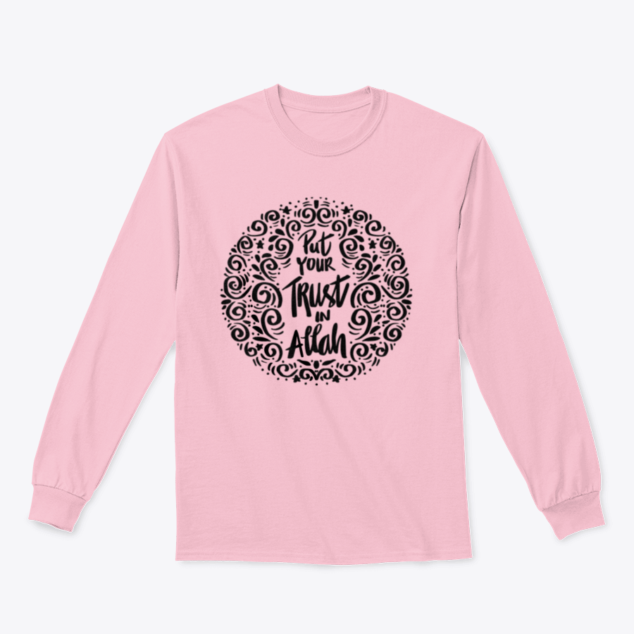 Trendy T-shirt featuring the Quran quote 'Put Your Trust In Allah', made from 100% cotton, displayed in a stylish setting.