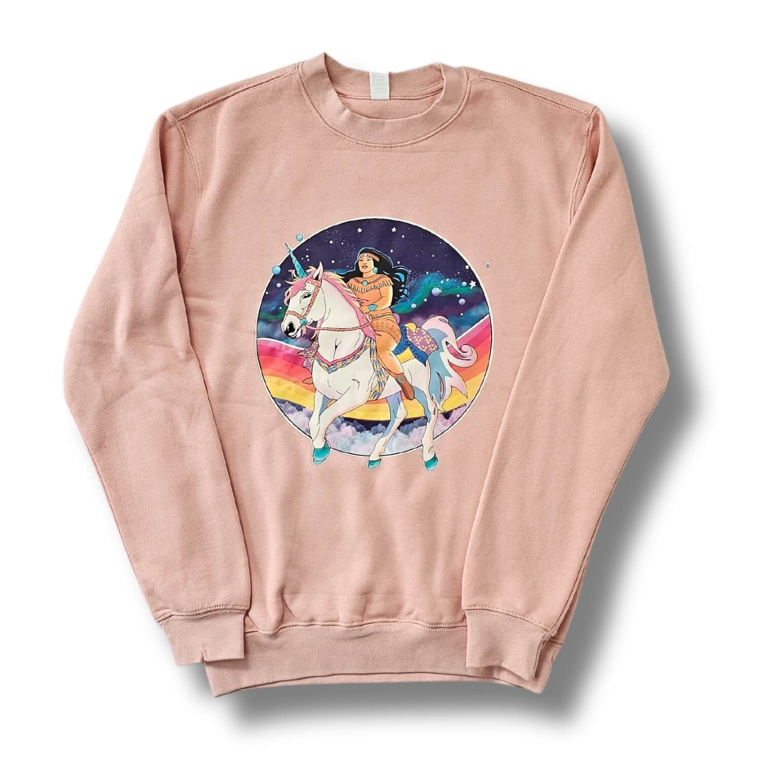 A vibrant Rainbow Unicorn Woman Crewneck showcasing colorful unicorn design, ribbed cuffs, and a cozy fit, perfect for casual and formal wear.