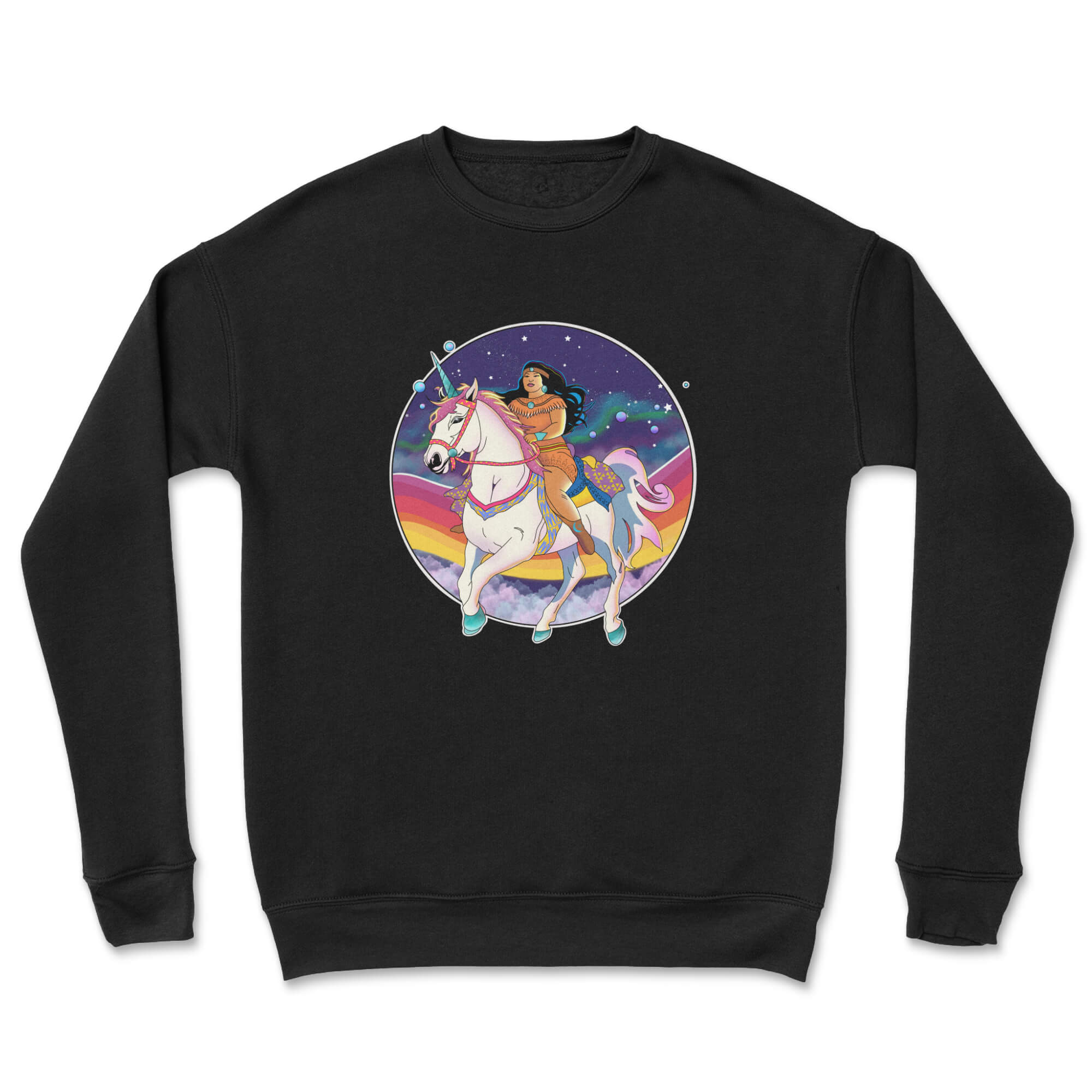 A vibrant Rainbow Unicorn Woman Crewneck showcasing colorful unicorn design, ribbed cuffs, and a cozy fit, perfect for casual and formal wear.