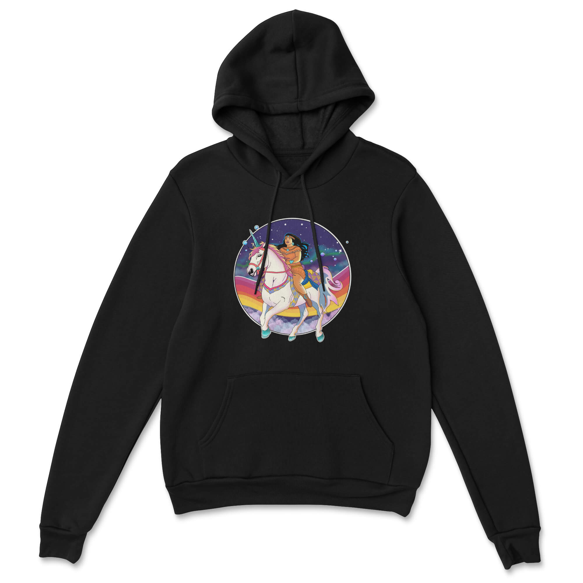 A vibrant Rainbow Unicorn Woman Hoodie featuring colorful designs, a kangaroo pocket, and a cozy hood, perfect for casual and stylish wear.