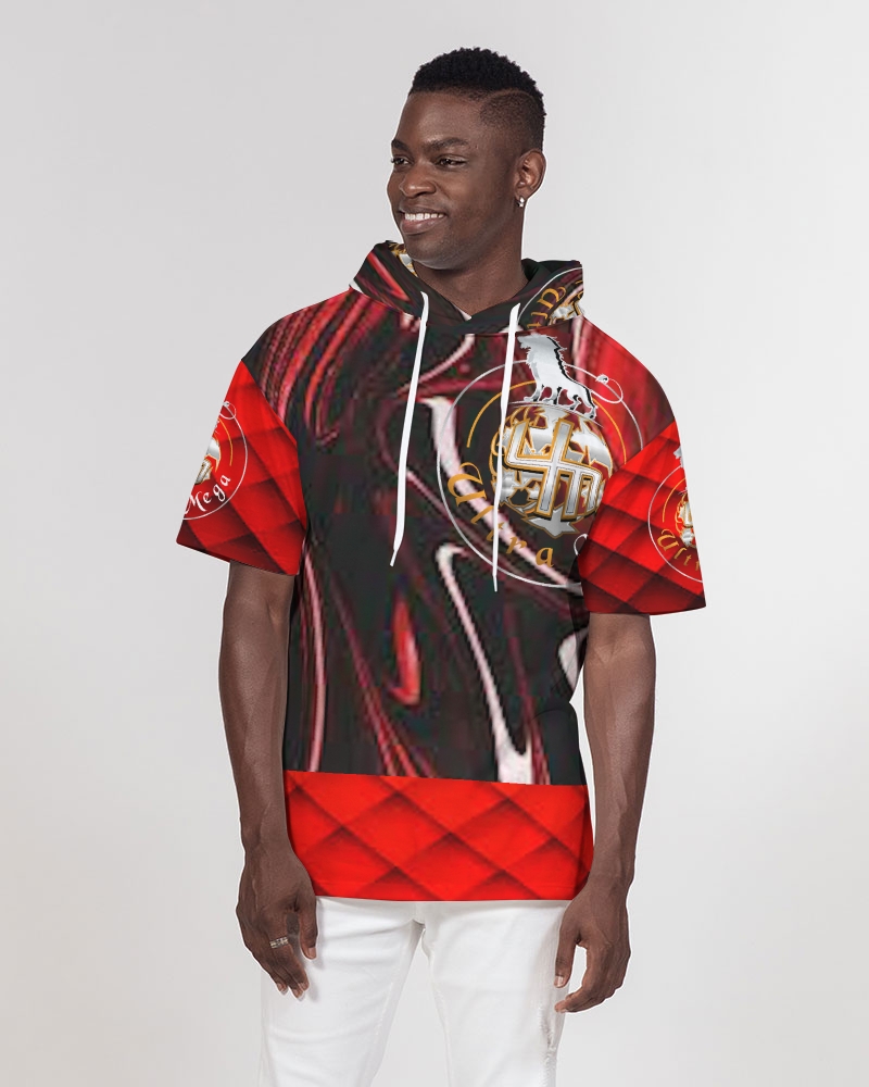 Red Marble 7 Men's Short Sleeve Hoodie showcasing soft fabric and stylish design.