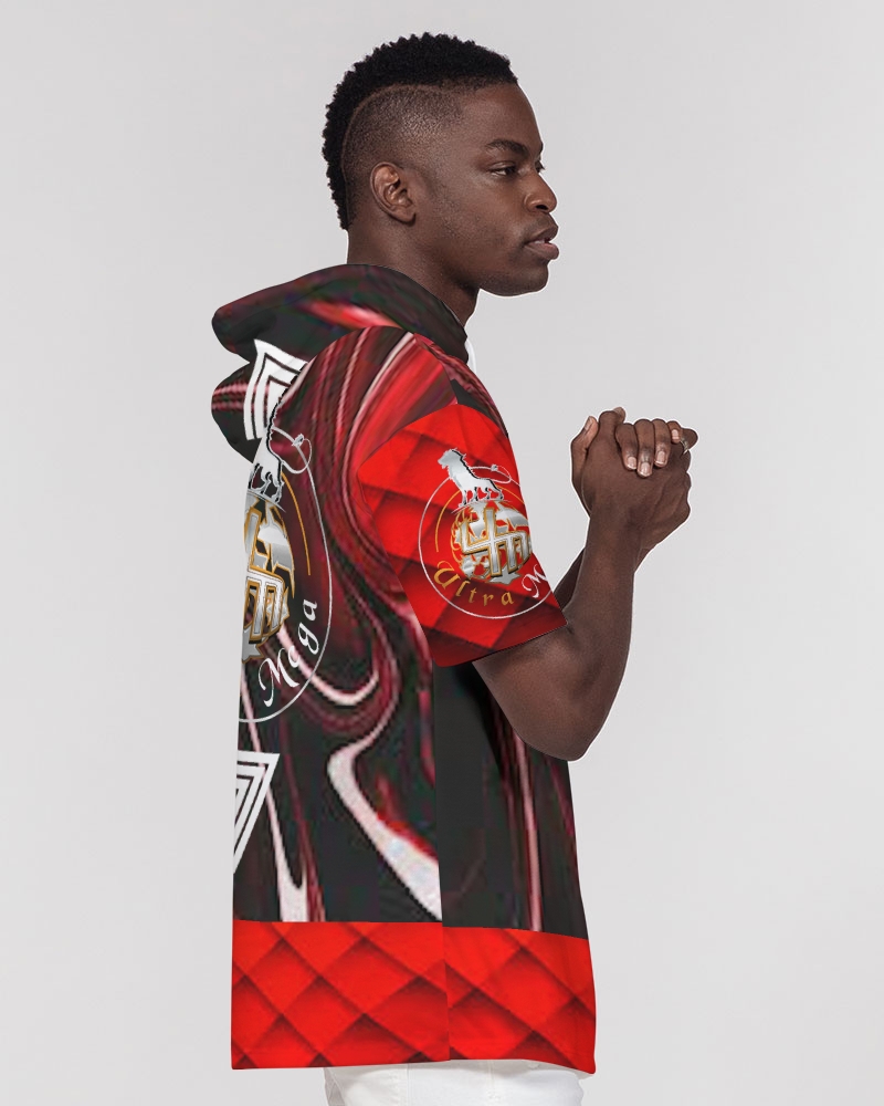 Red Marble 7 Men's Short Sleeve Hoodie showcasing soft fabric and stylish design.