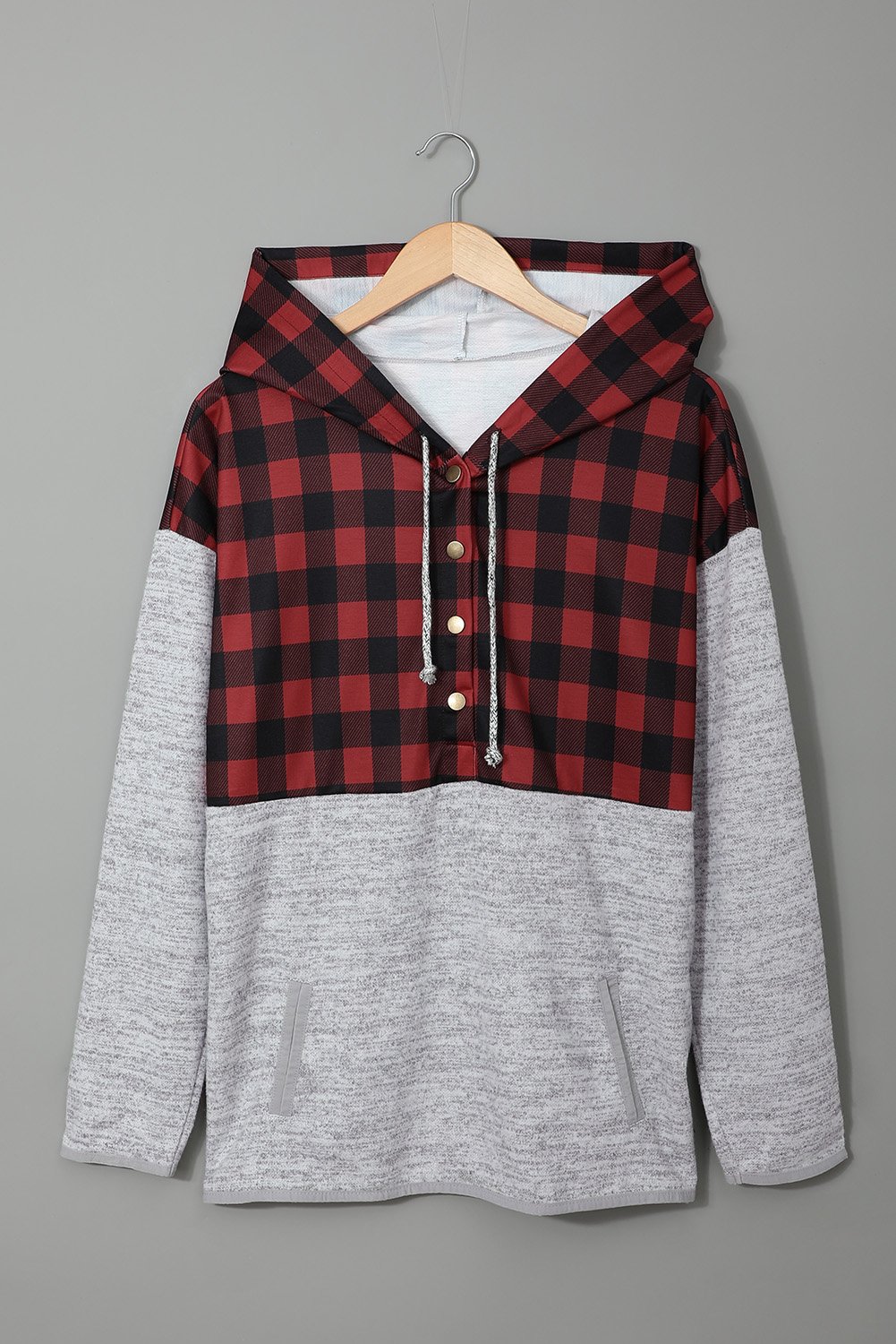 A stylish red plaid gray hoodie featuring a buttoned neckline and a cozy hood, perfect for autumn and winter wear.