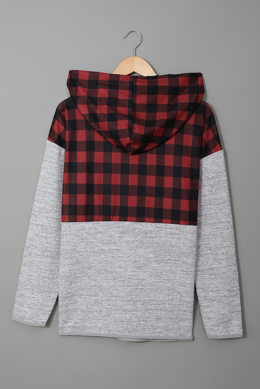 A stylish red plaid gray hoodie featuring a buttoned neckline and a cozy hood, perfect for autumn and winter wear.