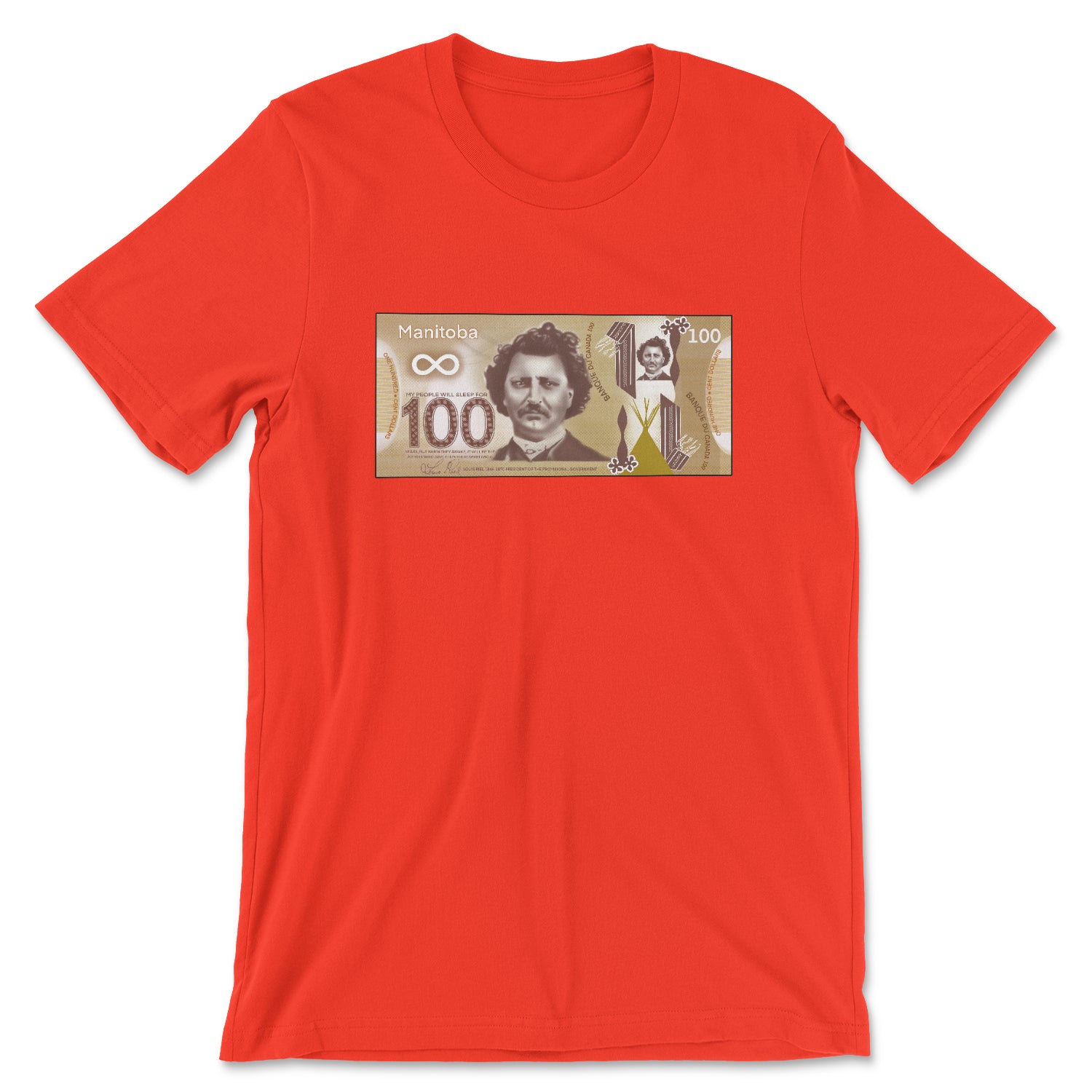 Riel 100 Tee featuring Indigenous artwork by Kale Bonham, celebrating cultural pride and heritage.