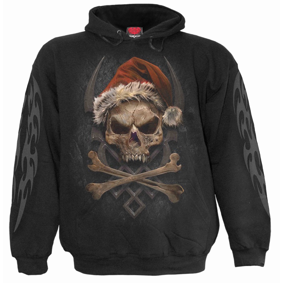 ROCK SANTA Hoody Black featuring a spooky zombie Santa design, made from 100% cotton fleece.