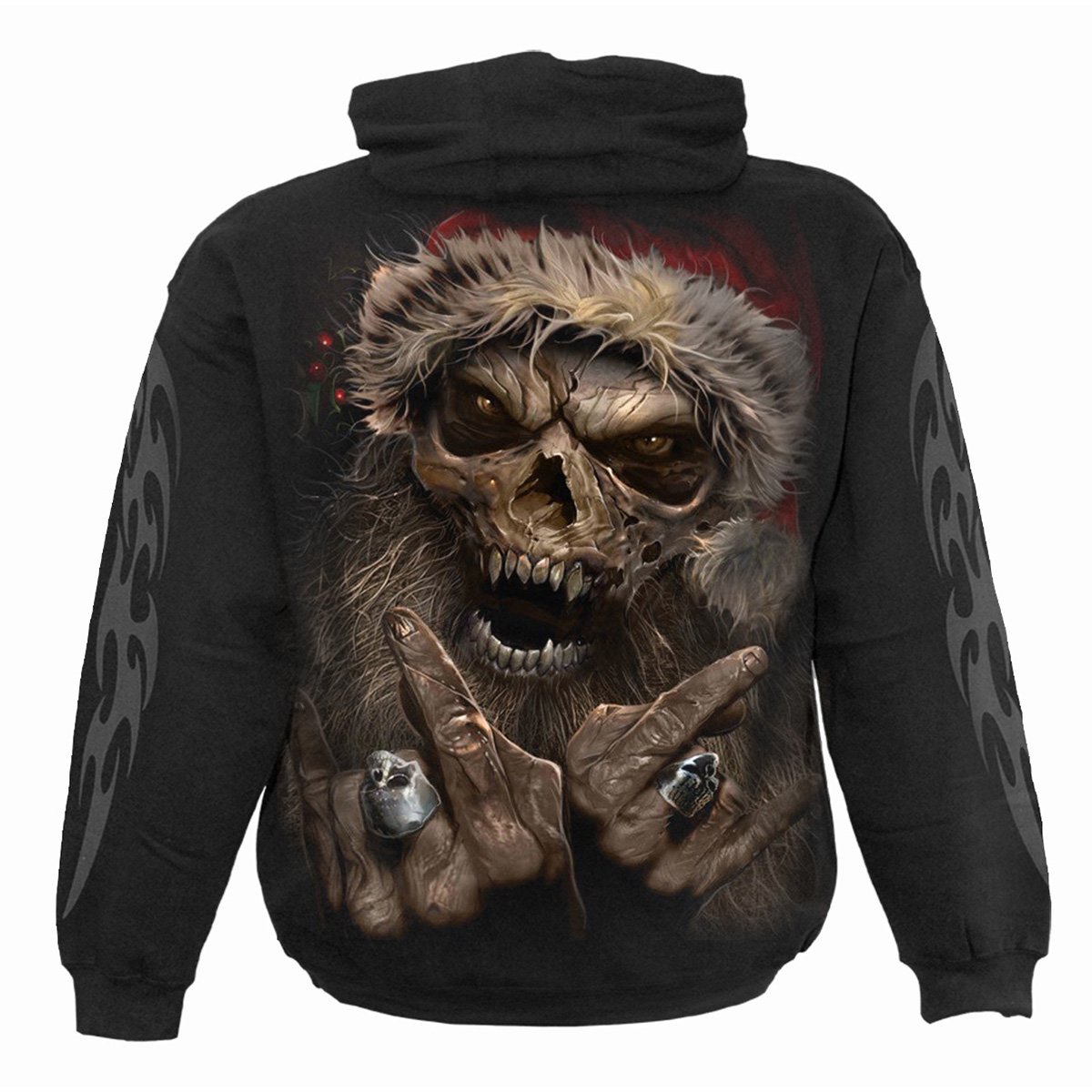 ROCK SANTA Hoody Black featuring a spooky zombie Santa design, made from 100% cotton fleece.