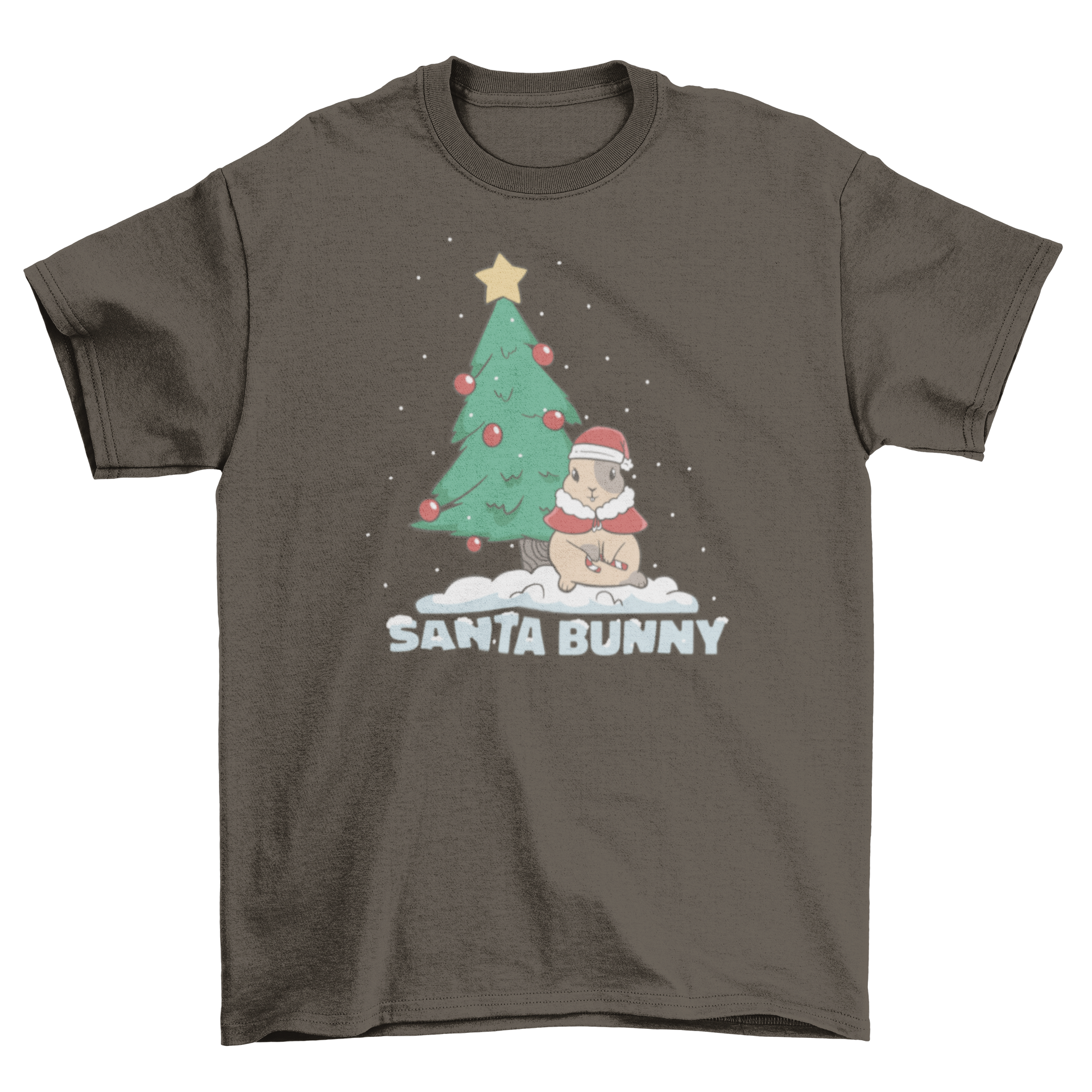 A festive Santa bunny t-shirt featuring a cute bunny and a Christmas tree with the quote 'Santa bunny'.
