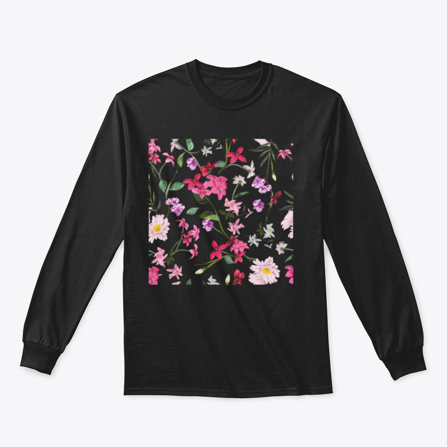 A vibrant Seamless Colorful Flowers T-shirt featuring a floral design, made from 100% cotton, showcasing its classic fit and quality fabric.