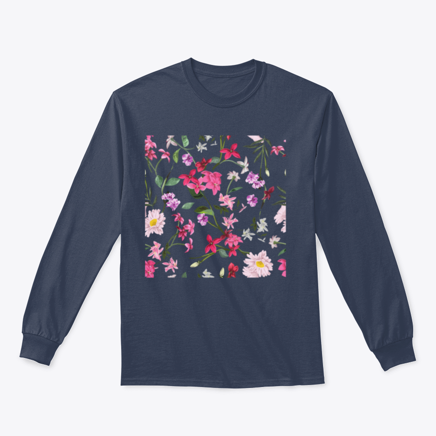 A vibrant Seamless Colorful Flowers T-shirt featuring a floral design, made from 100% cotton, showcasing its classic fit and quality fabric.