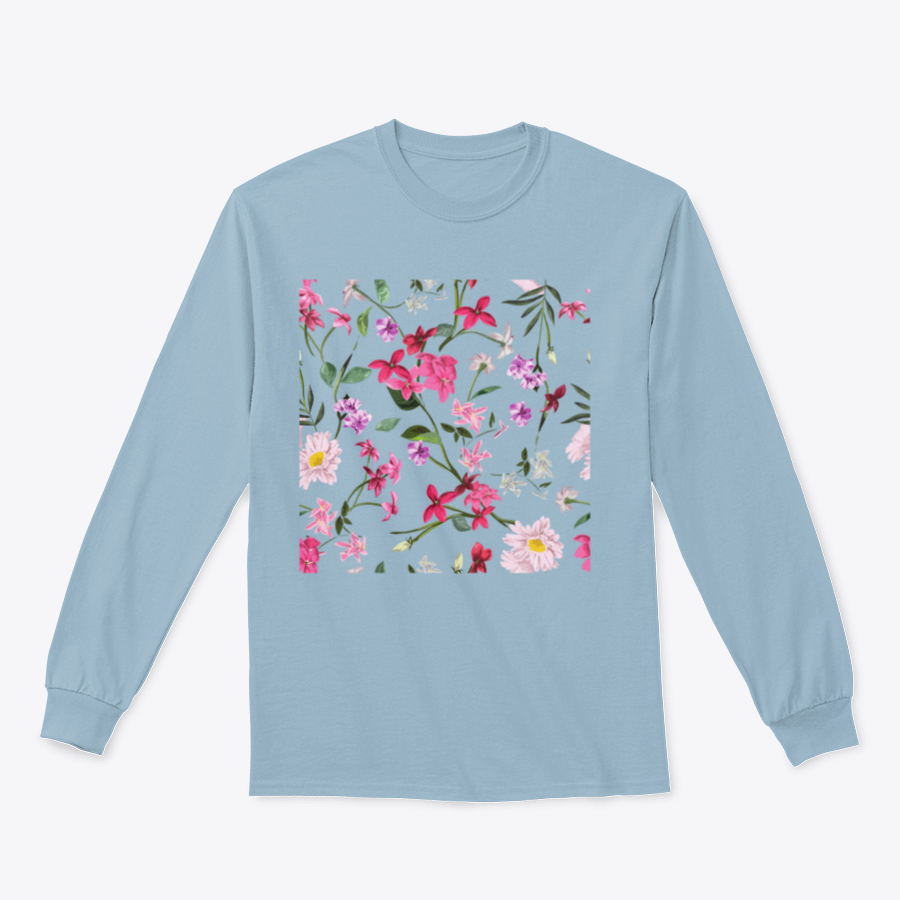 A vibrant Seamless Colorful Flowers T-shirt featuring a floral design, made from 100% cotton, showcasing its classic fit and quality fabric.