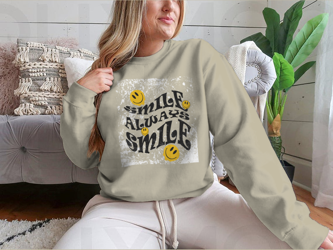 Smile Always Slogan T-Shirt featuring graphic vector print lettering, made from 100% cotton for comfort.