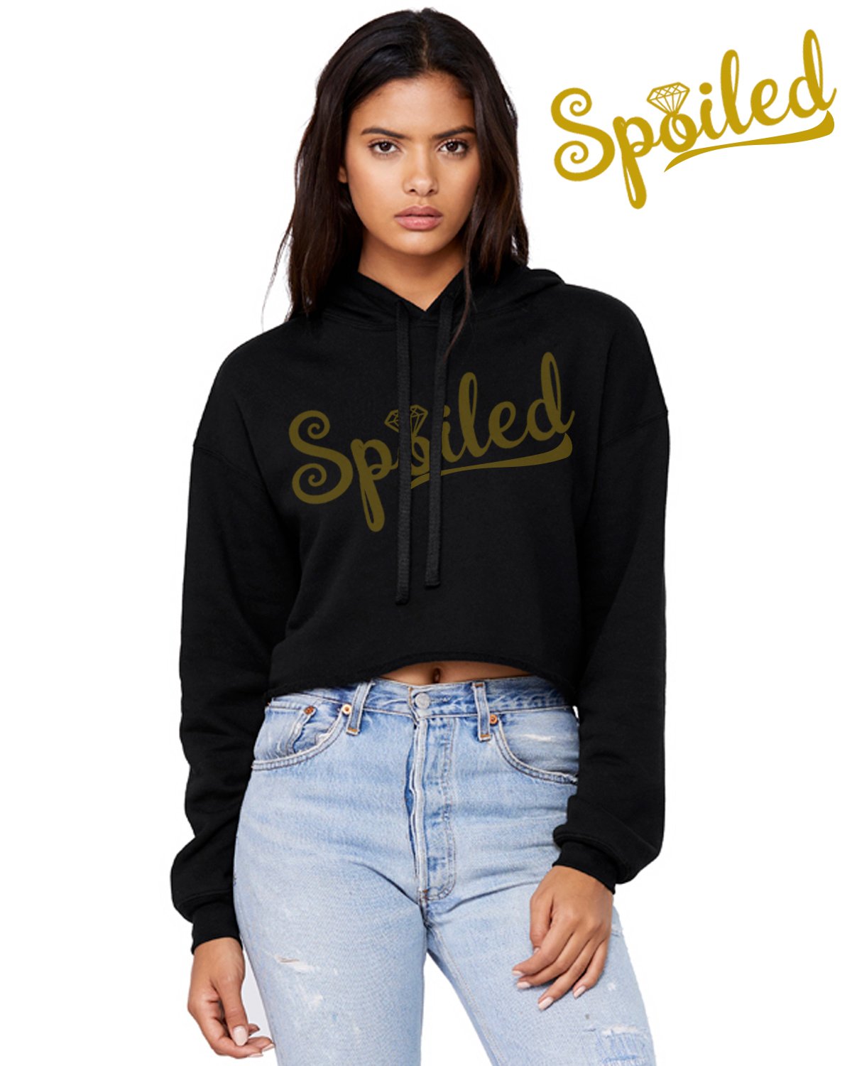 Spoiled Crop Top Hoodie featuring a trendy raw edge design and matched drawstrings, made from a soft poly cotton blend brushed fleece.