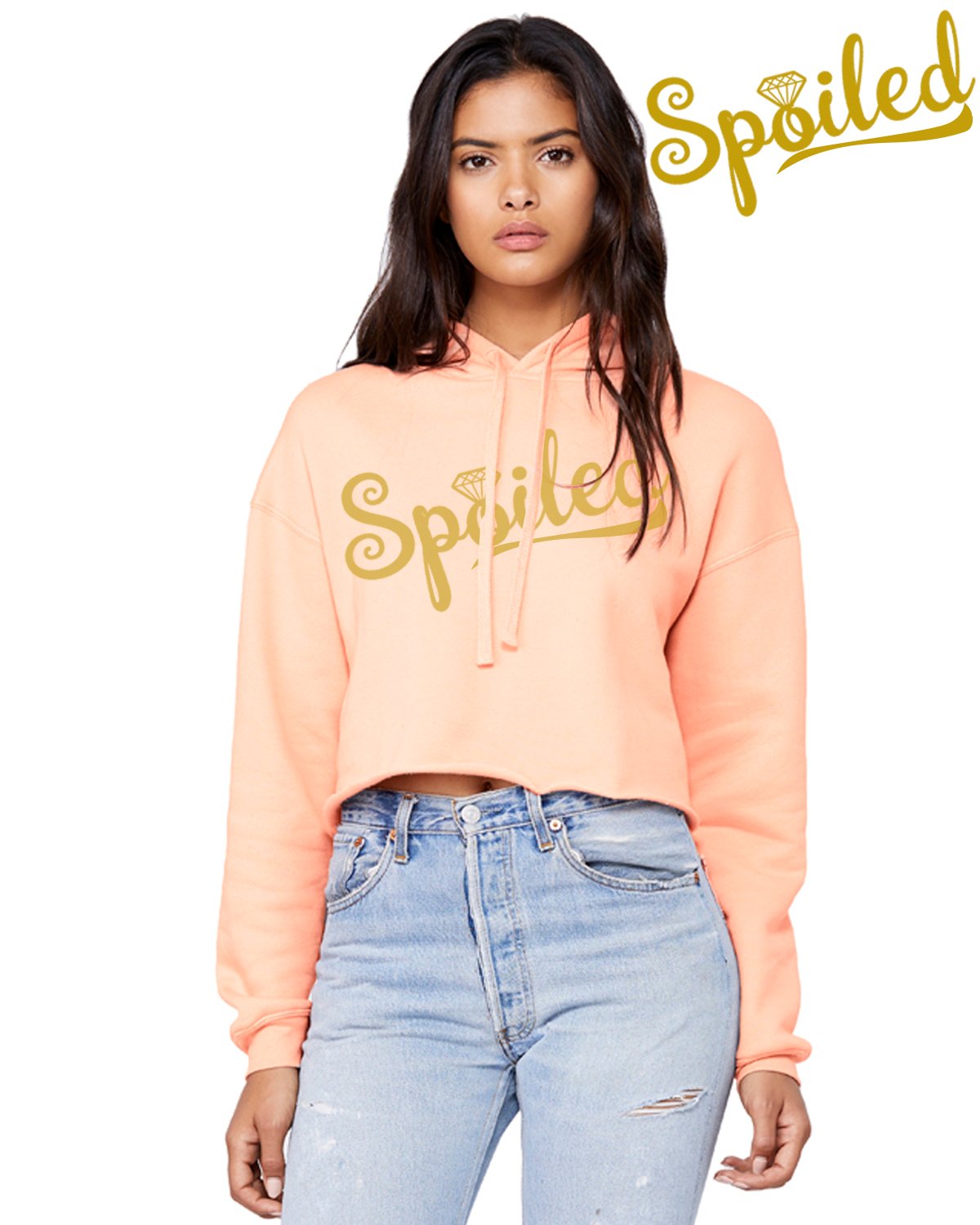 Spoiled Crop Top Hoodie featuring a trendy raw edge design and matched drawstrings, made from a soft poly cotton blend brushed fleece.