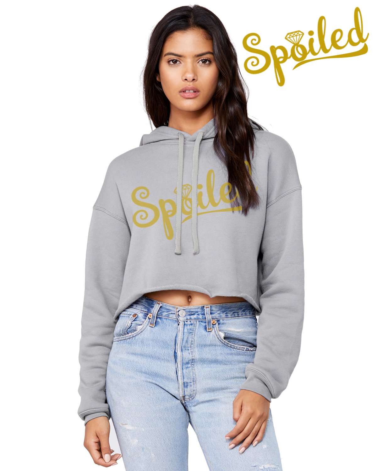 Spoiled Crop Top Hoodie featuring a trendy raw edge design and matched drawstrings, made from a soft poly cotton blend brushed fleece.