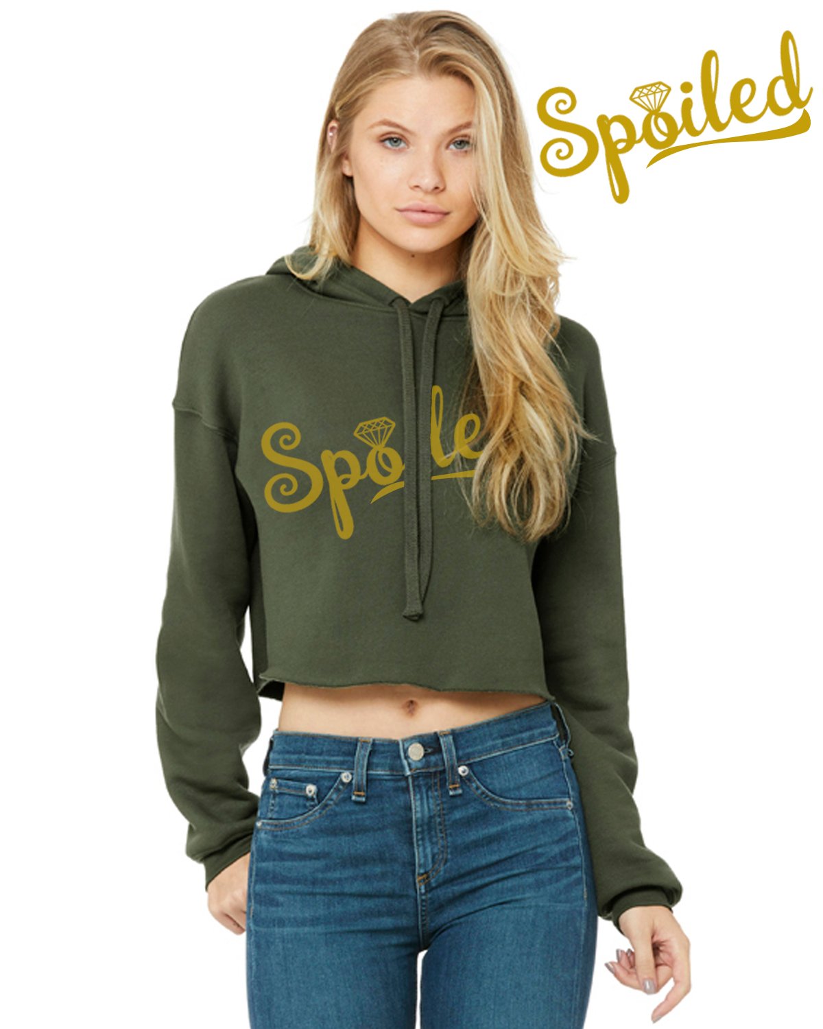 Spoiled Crop Top Hoodie featuring a trendy raw edge design and matched drawstrings, made from a soft poly cotton blend brushed fleece.
