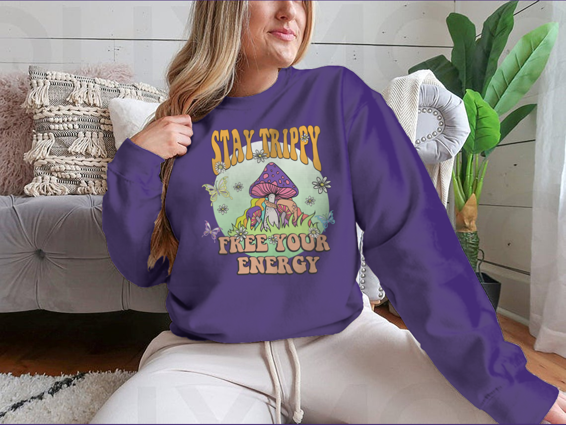 Main Stay Trippy Retro Slogan Print With Hippie Style Mushrooms, Flowers image