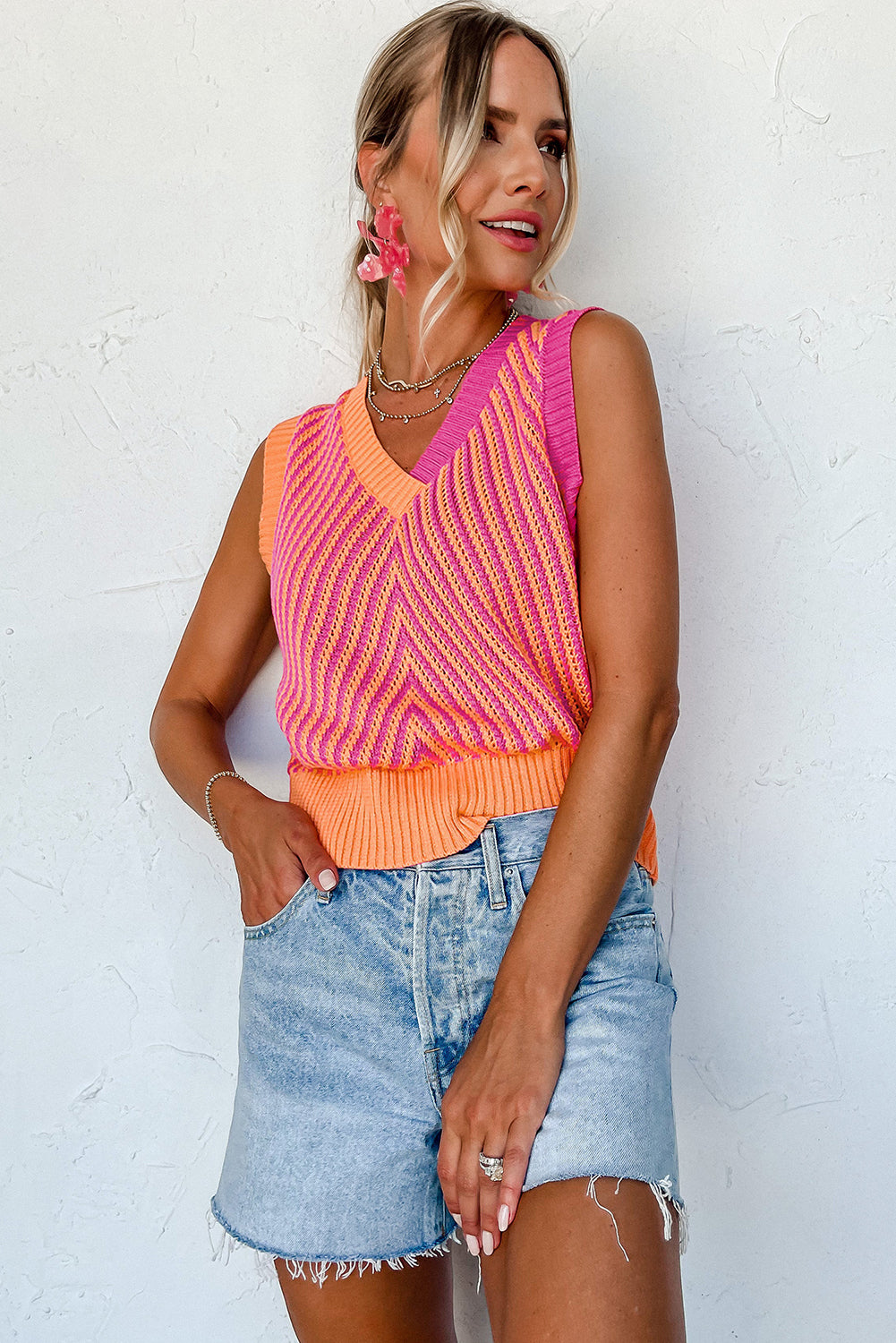 Main Strawberry Pink Contrast Chevron Knit V Neck Sweater Vest image