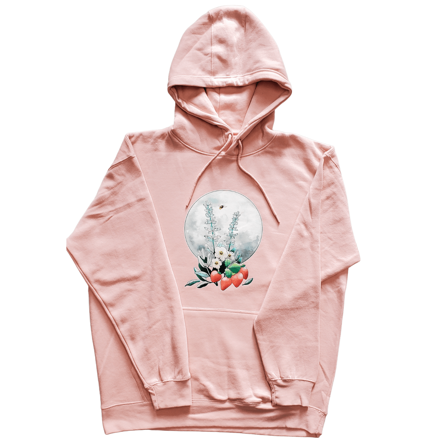 A cozy Strawberry Sage Hoodie featuring Indigenous artwork, designed for comfort and cultural pride.