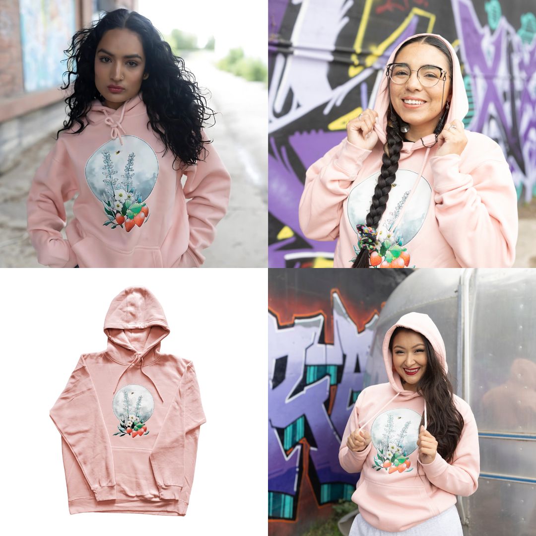 A cozy Strawberry Sage Hoodie featuring Indigenous artwork, designed for comfort and cultural pride.