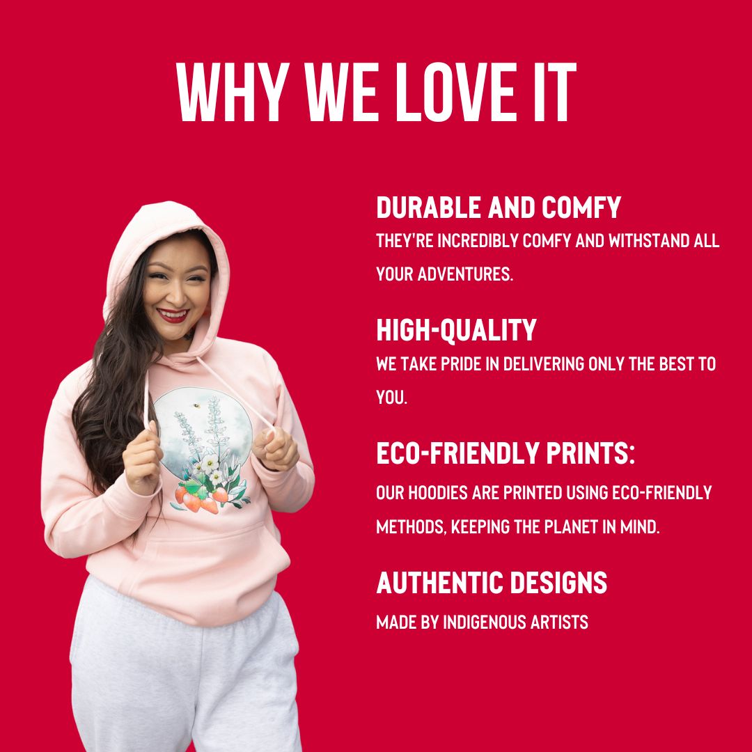 A cozy Strawberry Sage Hoodie featuring Indigenous artwork, designed for comfort and cultural pride.
