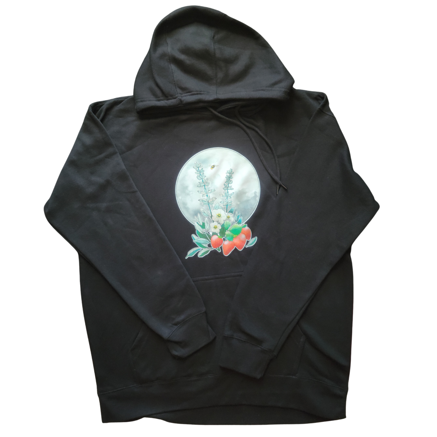 A cozy Strawberry Sage Hoodie featuring Indigenous artwork, designed for comfort and cultural pride.