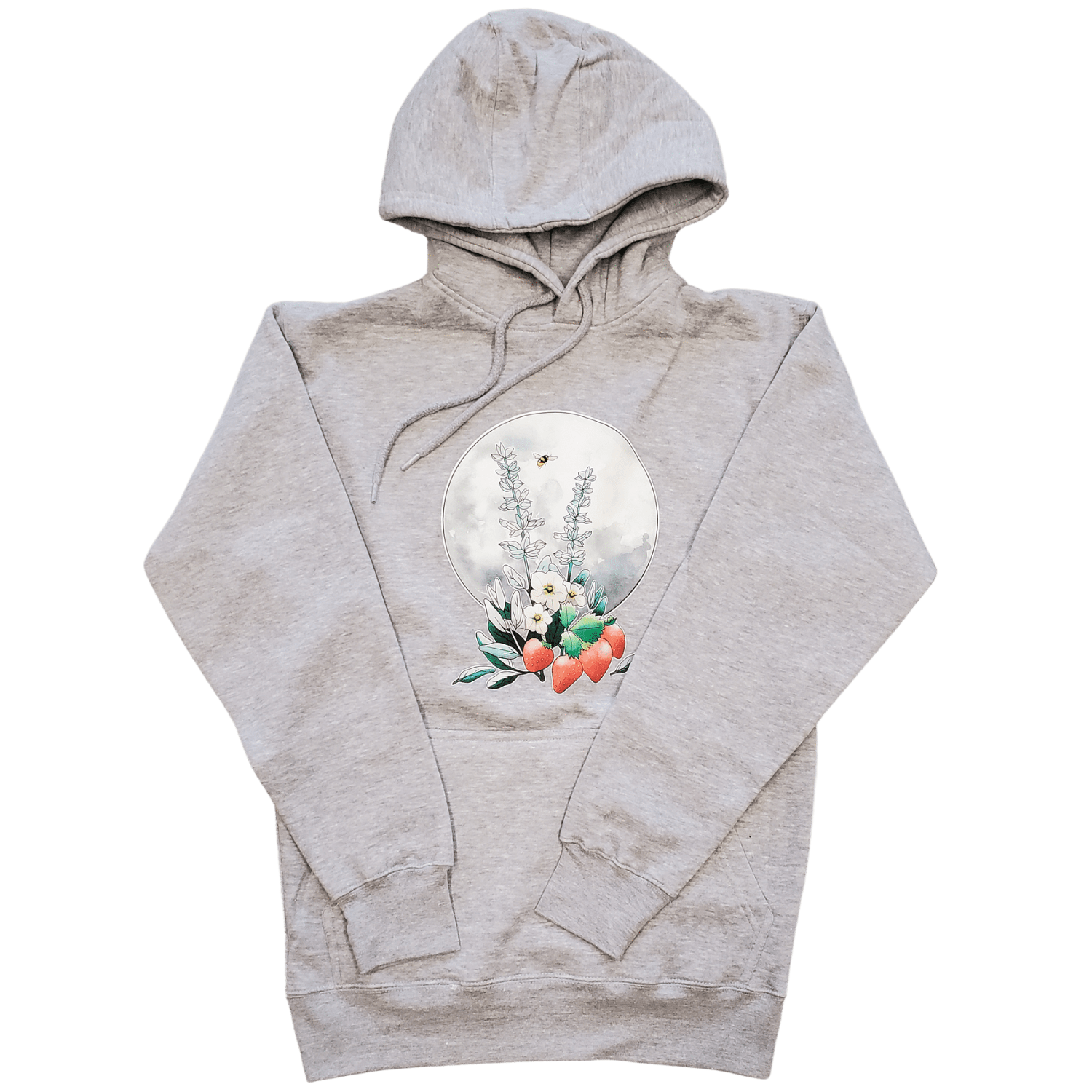 A cozy Strawberry Sage Hoodie featuring Indigenous artwork, designed for comfort and cultural pride.