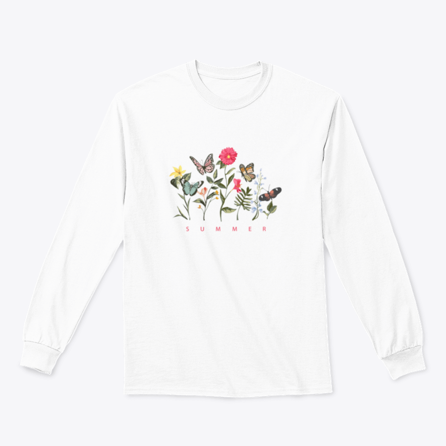 A vibrant vector design featuring colorful flowers and butterflies, perfect for summer-themed apparel.