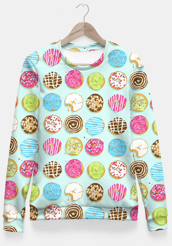A stylish Sweet Donuts Fitted Waist Sweater for Women featuring a vibrant all-over print design, showcasing unique patterns like galaxy and emojis.