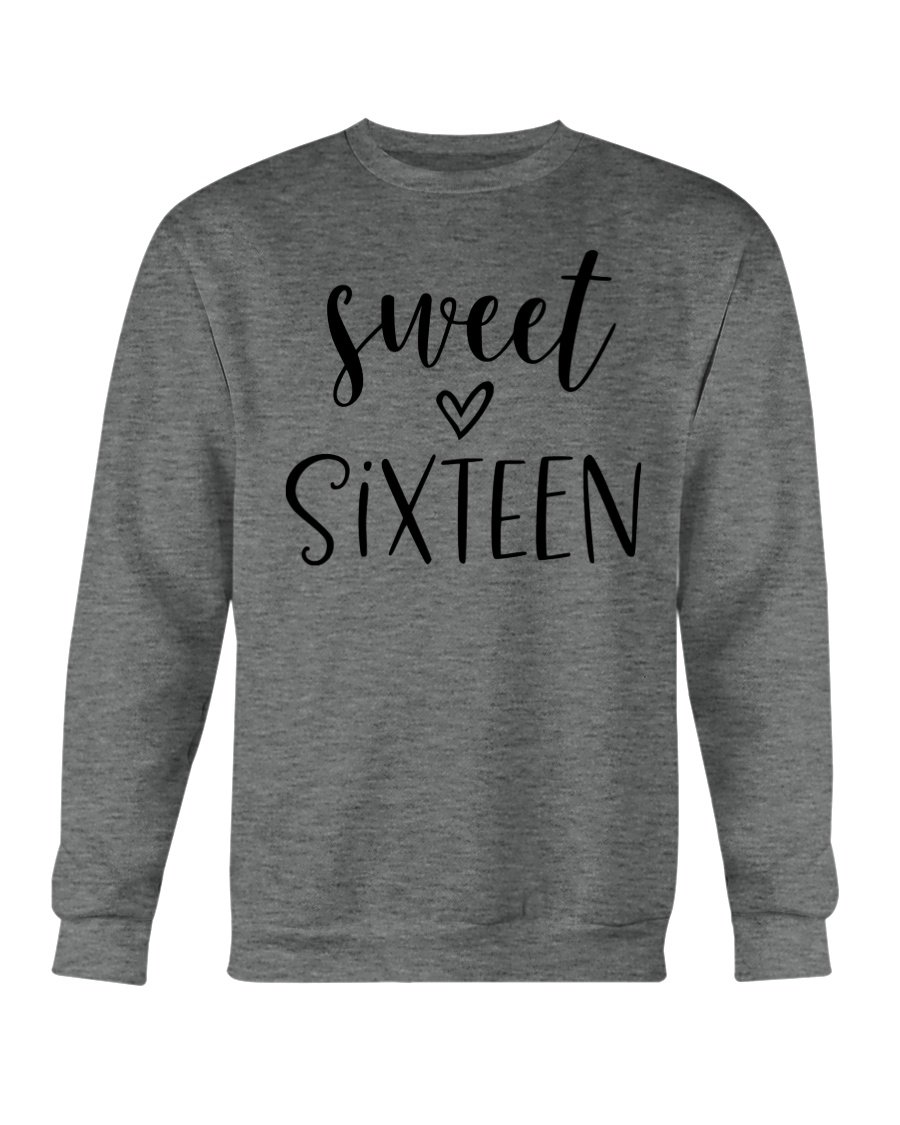 A cozy Sweet Sixteen sweatshirt featuring a classic fit, made from a soft cotton-polyester blend, perfect for celebrating special occasions.