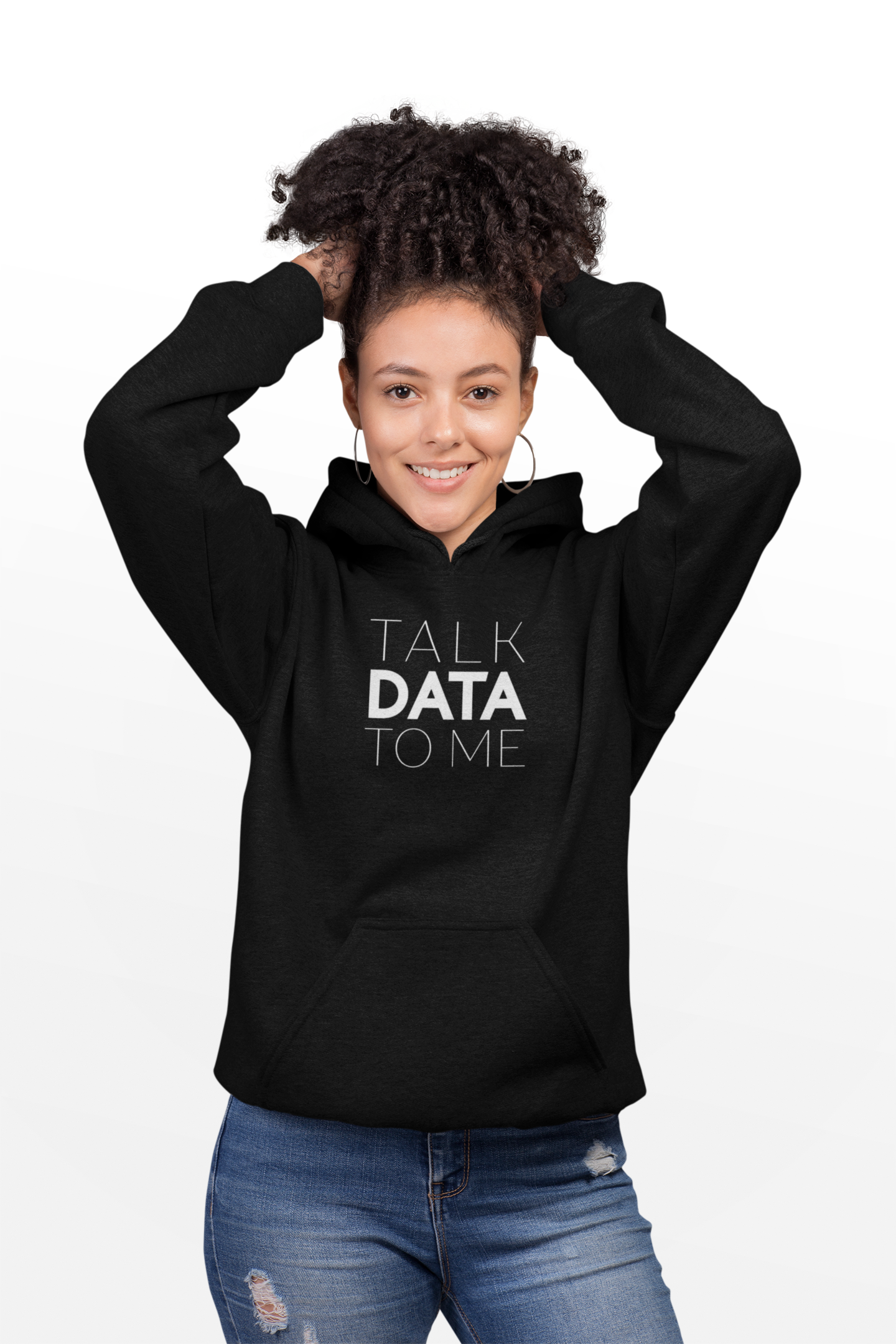 A stylish women's hoodie featuring the phrase 'Talk Data To Me', made from a cozy cotton/poly fleece blend with an adjustable hood.