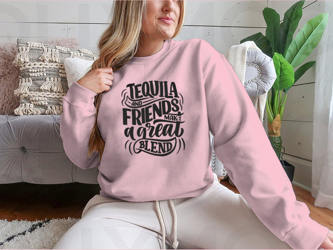 Tequila And Friends Make A Great Blend Lettering Poster featuring a fun quote, designed for home or bar decor.