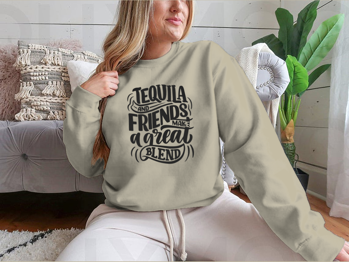 Tequila And Friends Make A Great Blend Lettering Poster featuring a fun quote, designed for home or bar decor.