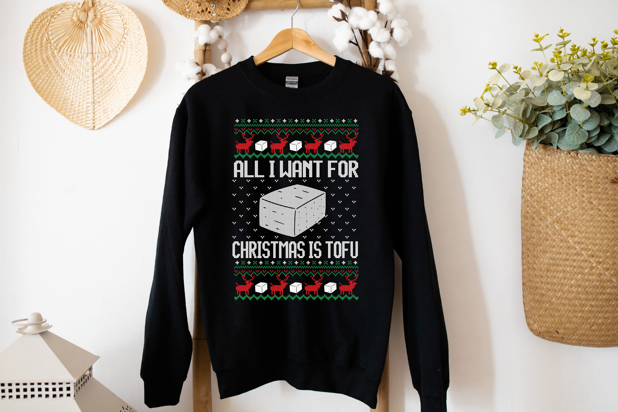 A cozy Gildan crewneck sweatshirt featuring a festive Tofu for Santa design, perfect for Christmas celebrations.